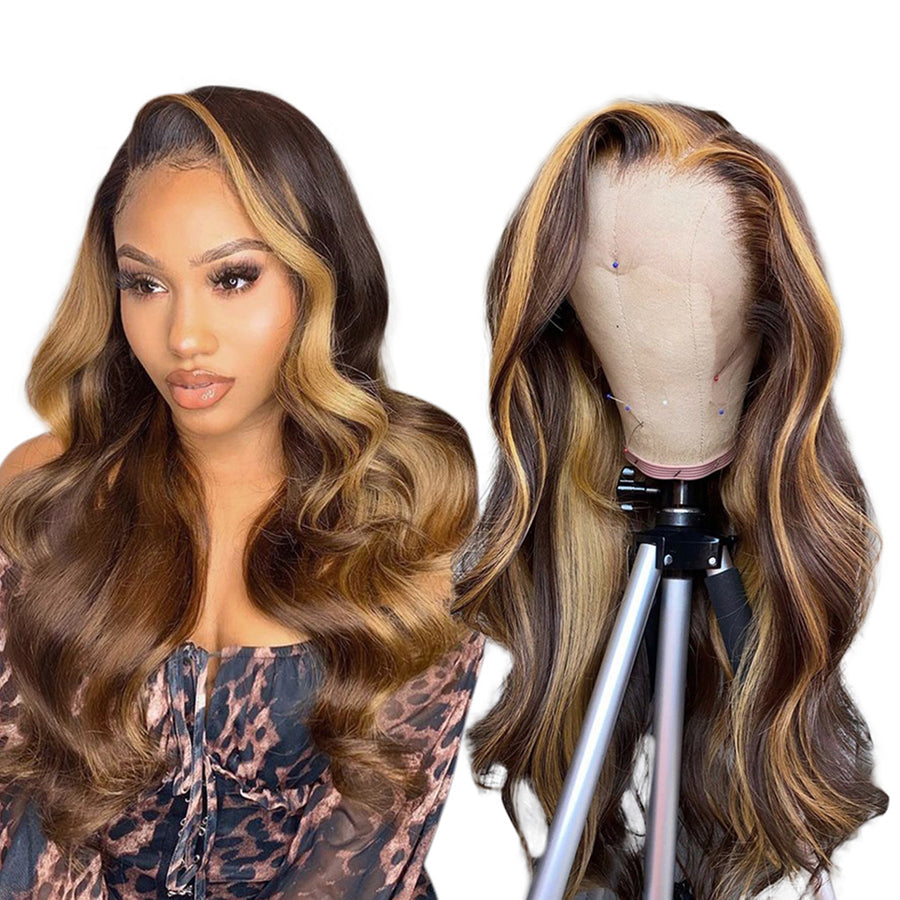 Honey Blonde Highlight P4/27 Color Body Wave 13x4 Front Lace Human Hair Wigs 150% Density