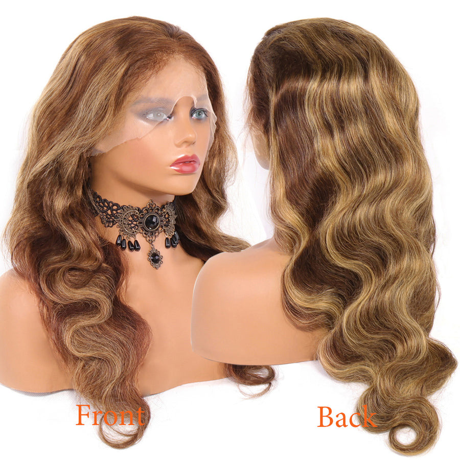 Honey Blonde Highlight P4/27 Color Body Wave 13x4 Front Lace Human Hair Wigs 150% Density