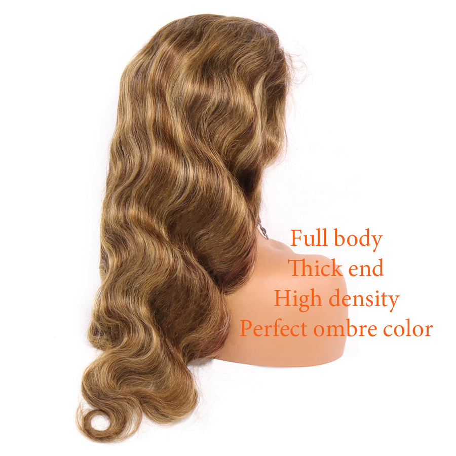 Honey Blonde Highlight P4/27 Color Body Wave 13x4 Front Lace Human Hair Wigs 150% Density