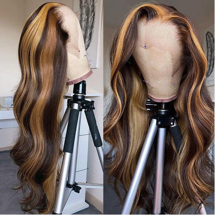 Honey Blonde Highlight P4/27 Color Body Wave 13x4 Front Lace Human Hair Wigs 150% Density