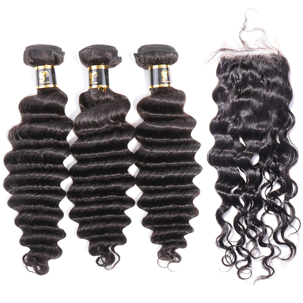 Brazilian Virgin Hair Bundles with Closure Loose Deep Wave Human Hair