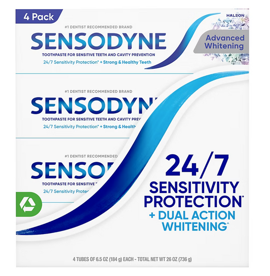 Sensodyne Advanced Whitening Toothpaste, For Sensitive Teeth and Cavity Protection, 4 pk./6.5 oz.