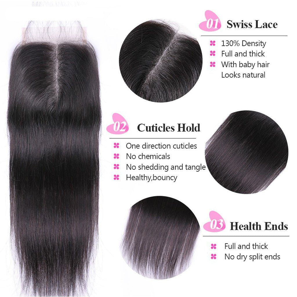 Brazilian Straight Hair 4x4 Lace Closure Hand Tied 100% Human Hair Closure