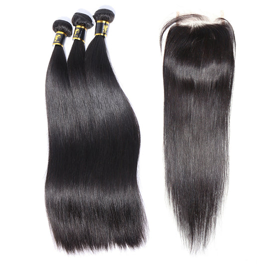 Straight Hair 3 Bundles With Closure Virgin Human Hair 4*4 Swiss Lace Brazilian Hair