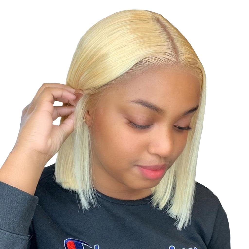 #613 Blonde Silky Straight Bob Wig T-Part Lace Human Hair Wig