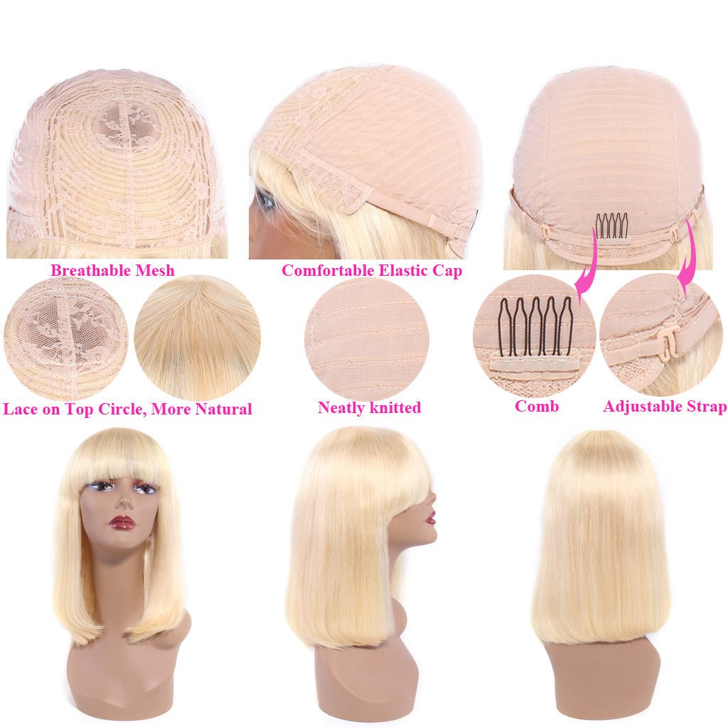 613 Bob Wig with Bangs Glueless 150% Density Brazilian Human Hair None Lace Machine Made Blonde Straight Wigs