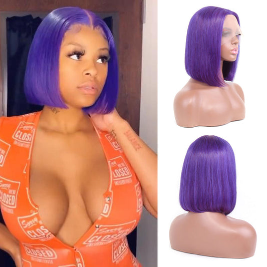 Short Purple Bob Wig Silky Straight 13x1x4 Swiss Lace Front T Part Virgin Human Hair Wigs Pre Plucked for Women 150% Density