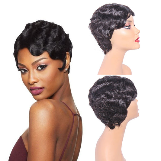 Short Machine Made Wig None Lace Human Hair Wavy Wigs 130% Density Wear To Go